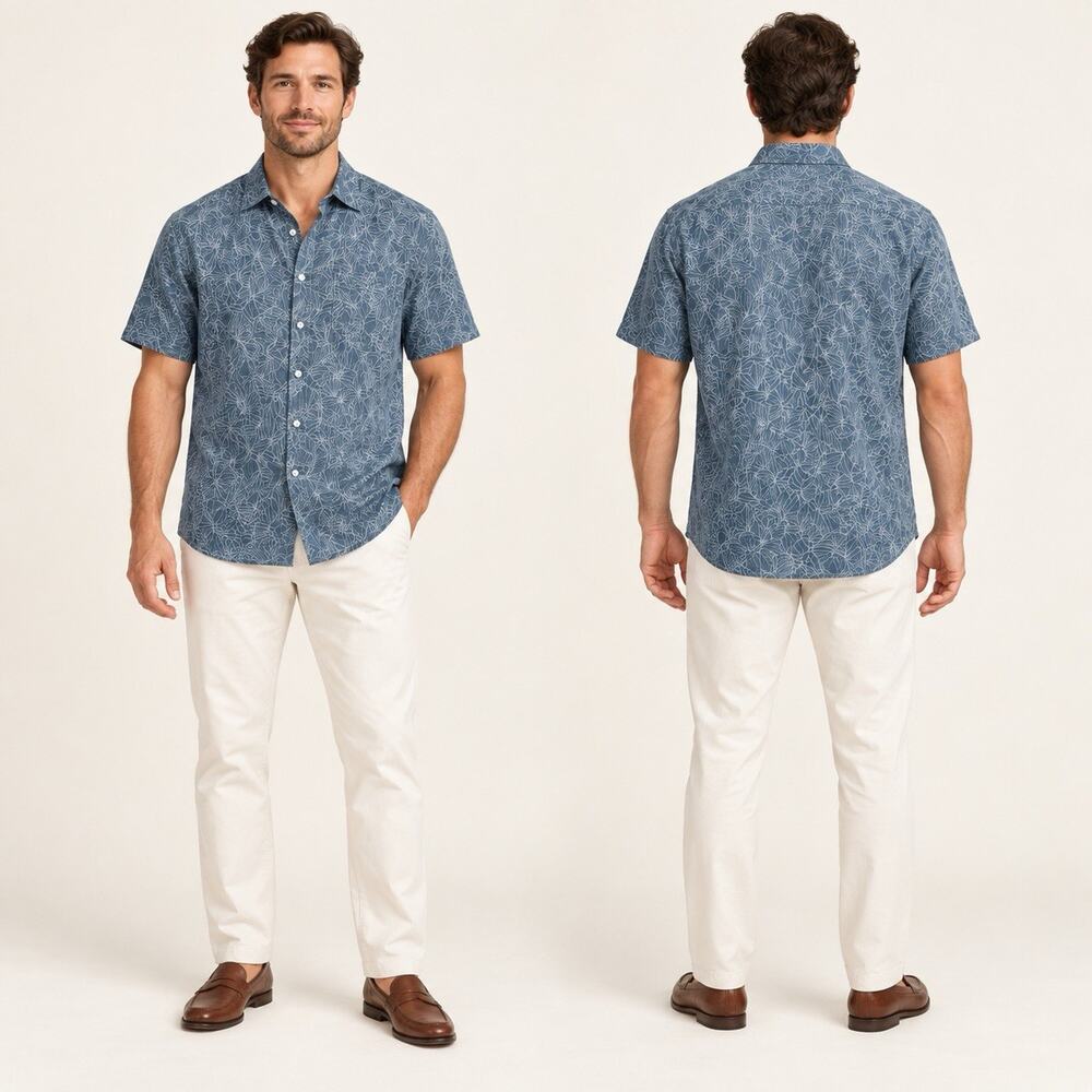 Rodd & Gunn Whitlaker Linen Shirt Men's L Bluestone Leaf Print Italian Fabric